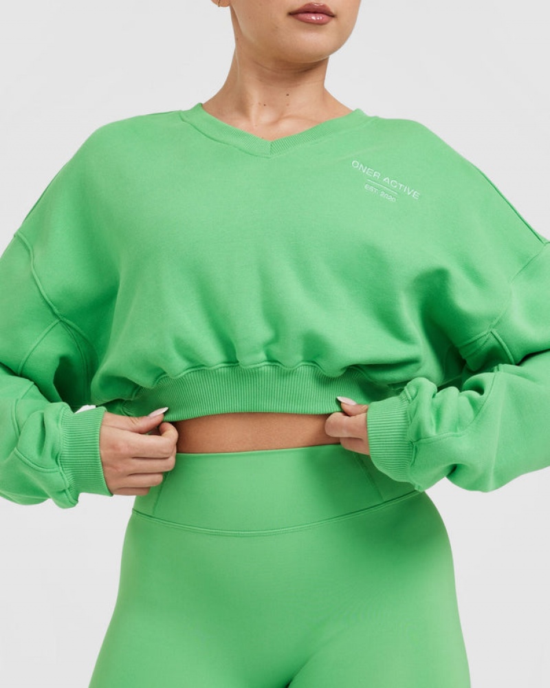 Green Oner Active All Day Est 2020 Crop V-Neck Sweatshirts | 13908ZCQA