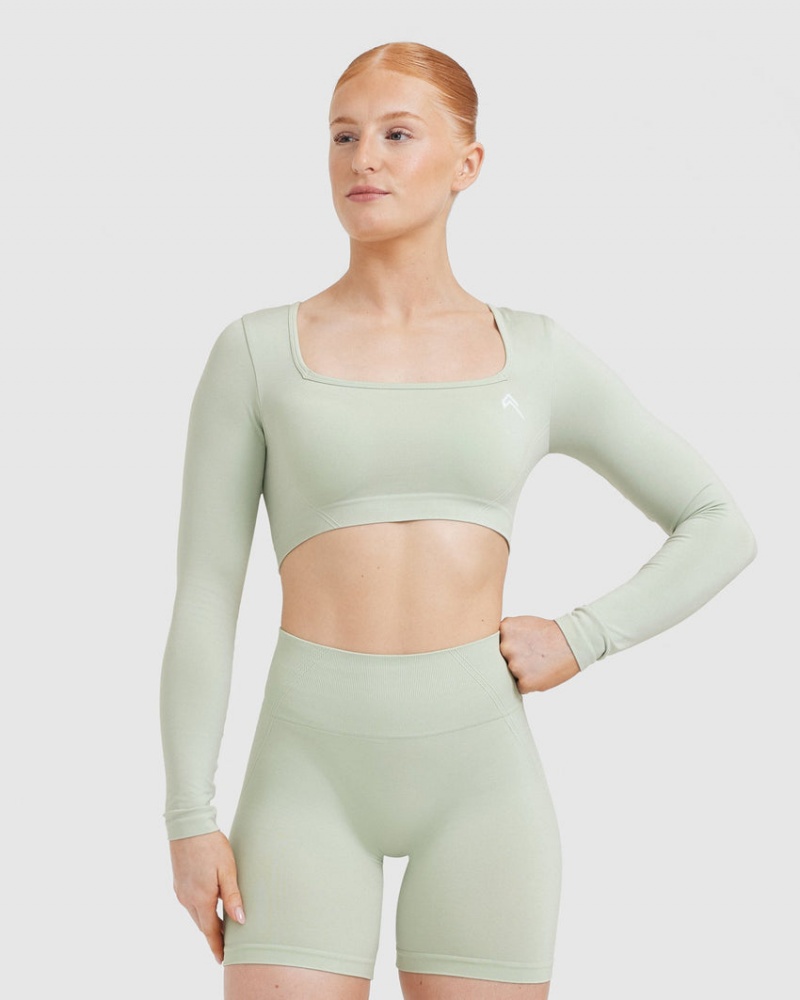 Green Oner Active Effortless Square Neck Crop Long Sleeve T Shirts | 48169CBIQ