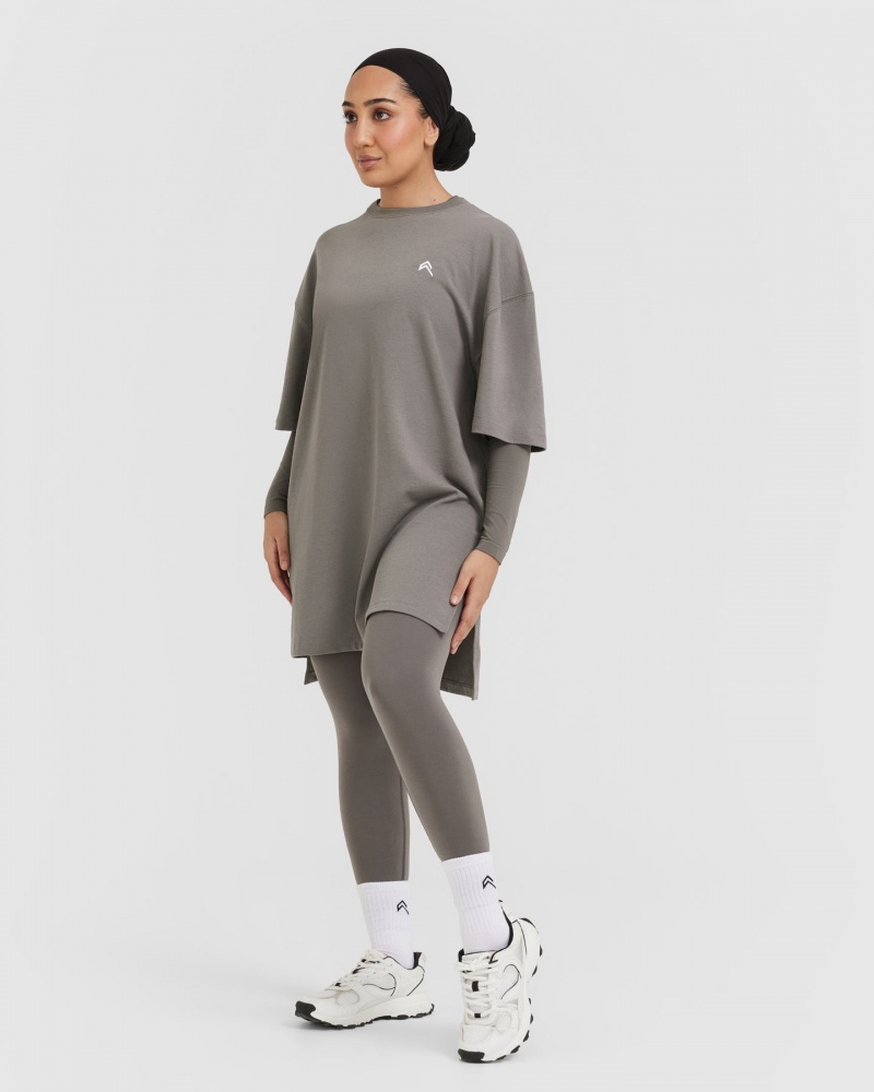 Grey Oner Active Classic Oversized Longline T Shirts | 06719GWIU