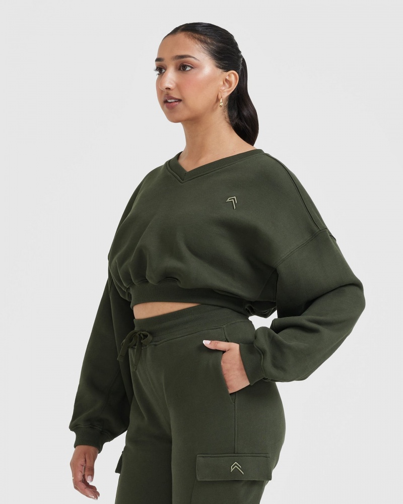 Khaki Oner Active All Day Lightweight Oversized V-Neck Sweatshirts | 54902LEQD