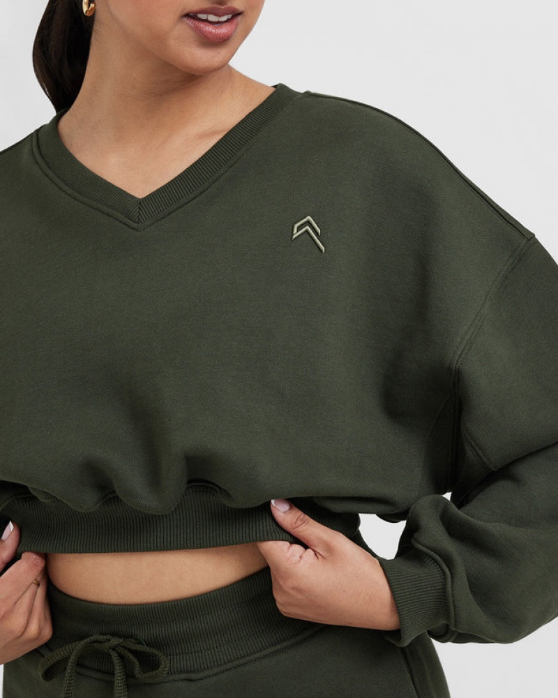 Khaki Oner Active All Day Lightweight Oversized V-Neck Sweatshirts | 54902LEQD