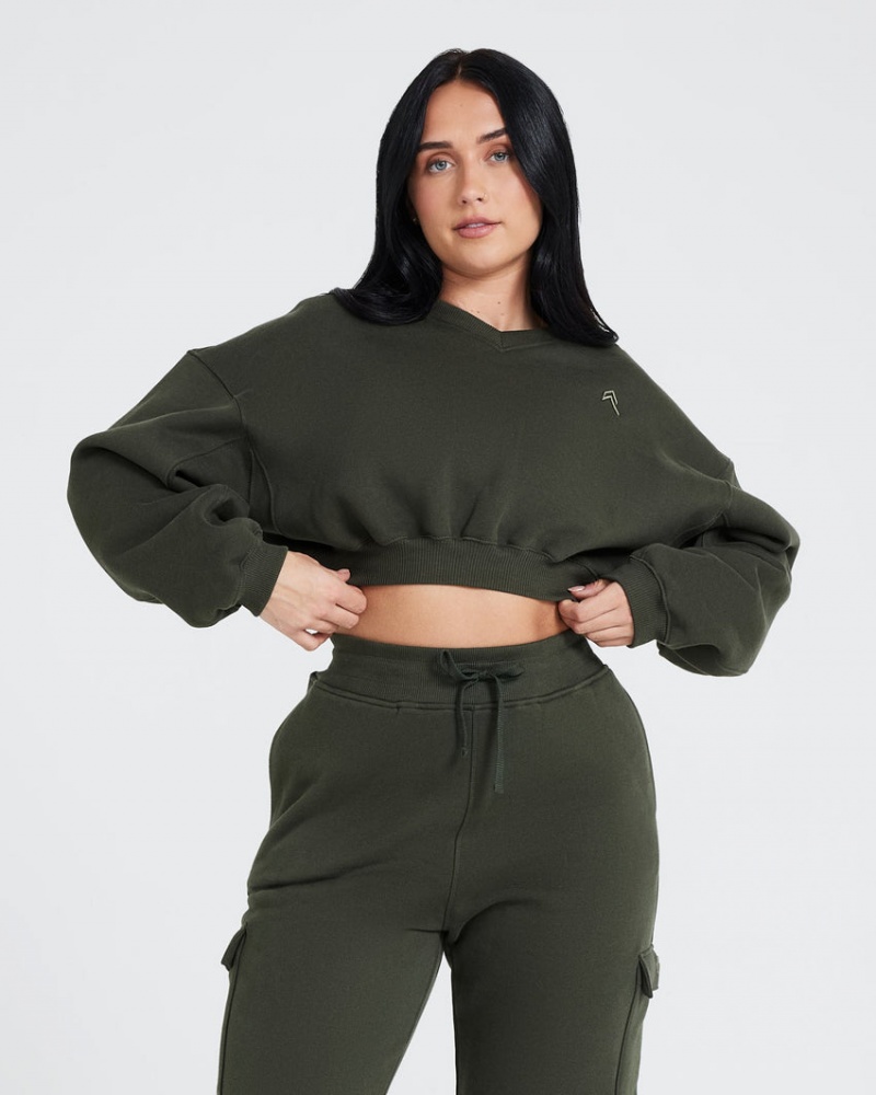 Khaki Oner Active All Day Oversized V-Neck Sweatshirts | 61057MVBK