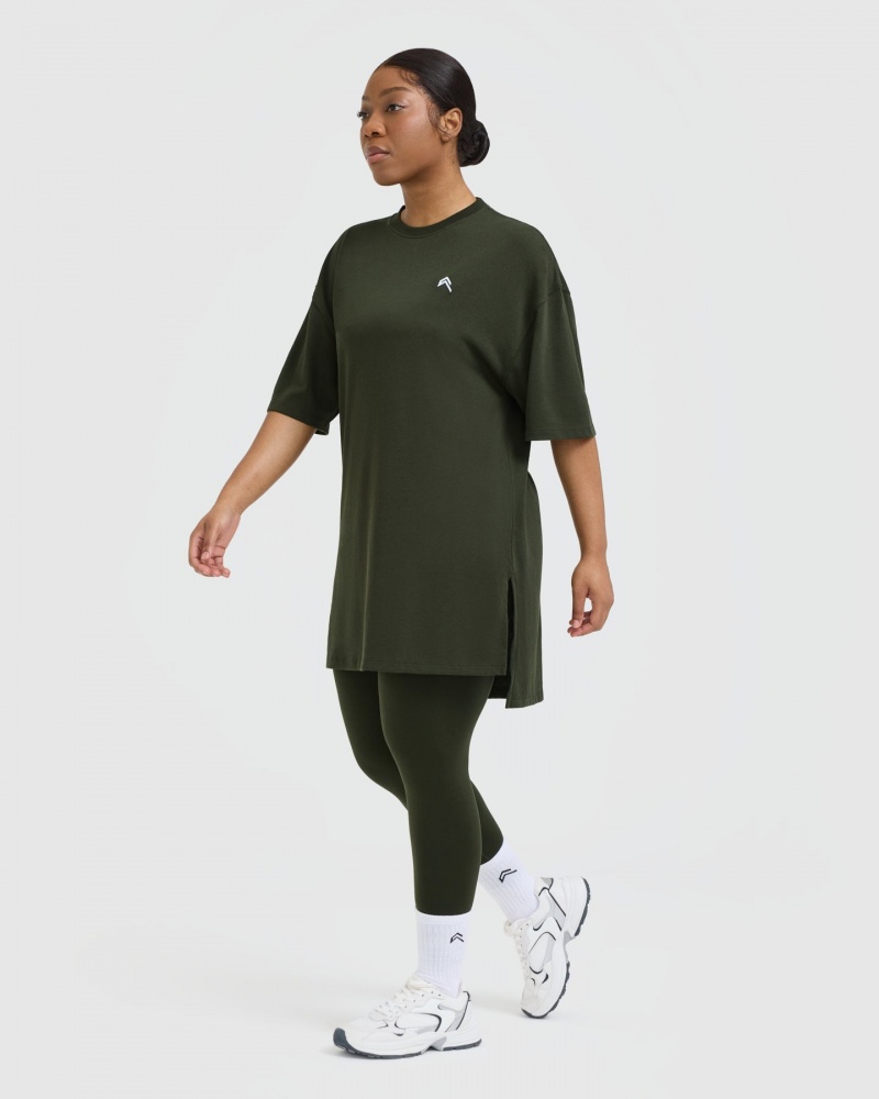 Khaki Oner Active Classic Oversized Longline T Shirts | 12690THDX