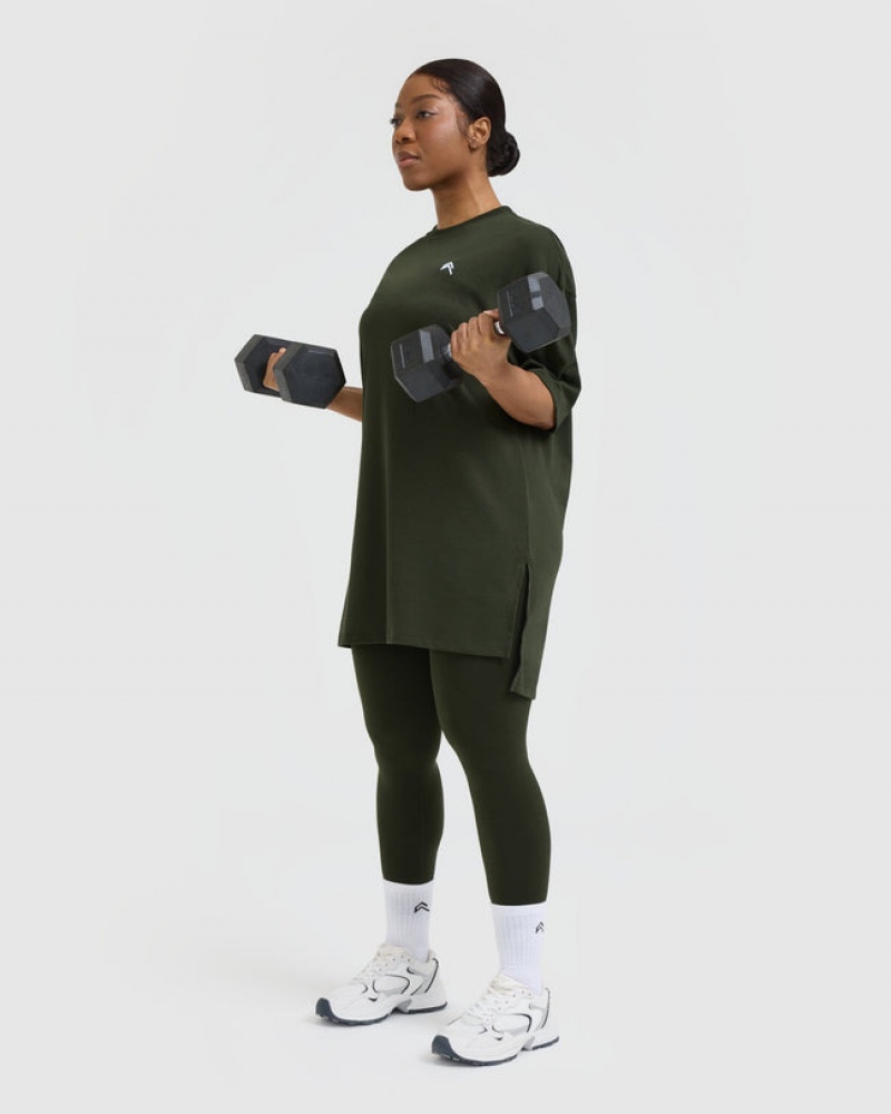 Khaki Oner Active Classic Oversized Longline T Shirts | 12690THDX