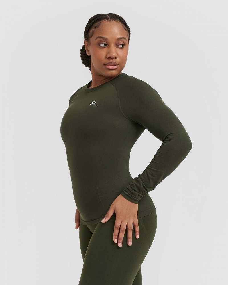 Khaki Oner Active Go To Seamless Fitted Long Sleeve T Shirts | 54976AUDQ