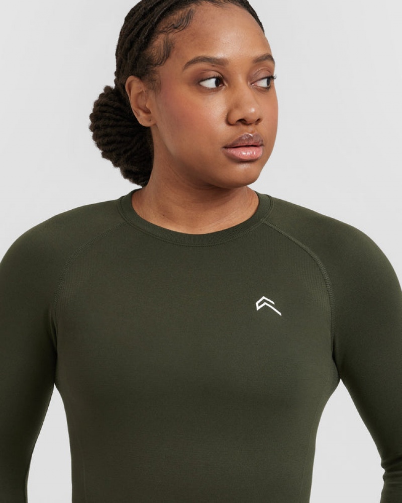 Khaki Oner Active Go To Seamless Fitted Long Sleeve T Shirts | 54976AUDQ