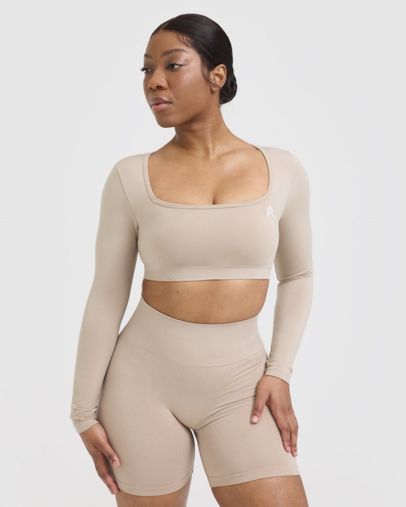 Light Brown Oner Active Effortless Square Neck Crop Long Sleeve T Shirts | 47368EFKX