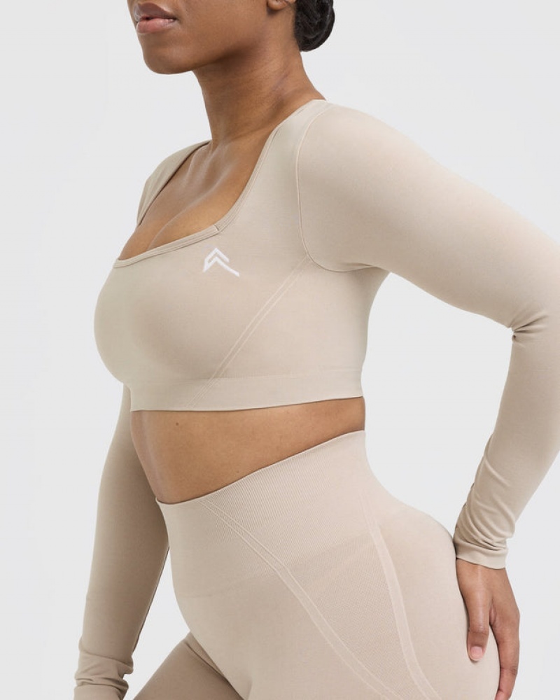 Light Brown Oner Active Effortless Square Neck Crop Long Sleeve T Shirts | 47368EFKX