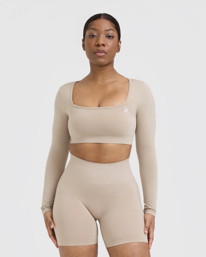 Light Brown Oner Active Effortless Square Neck Crop Long Sleeve T Shirts | 47368EFKX