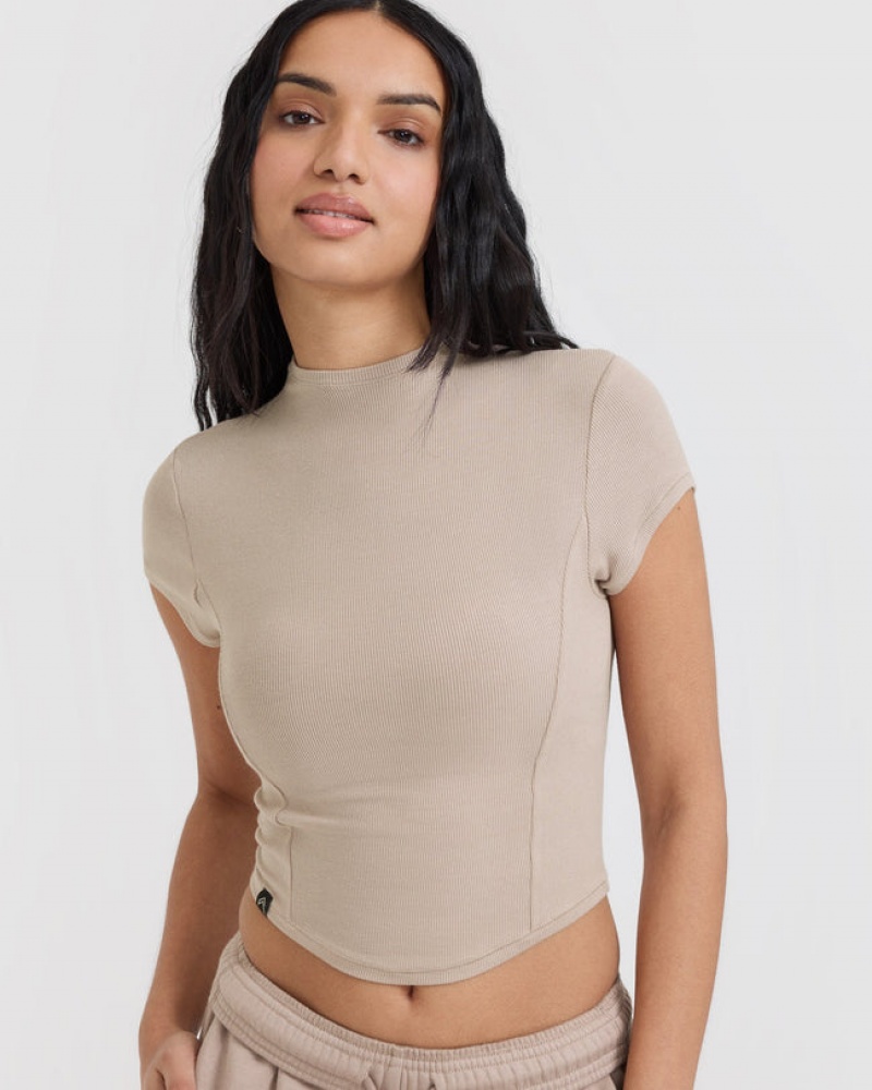 Light Brown Oner Active Mellow Rib Mid Mock Neck T Shirts | 48209ZDLN