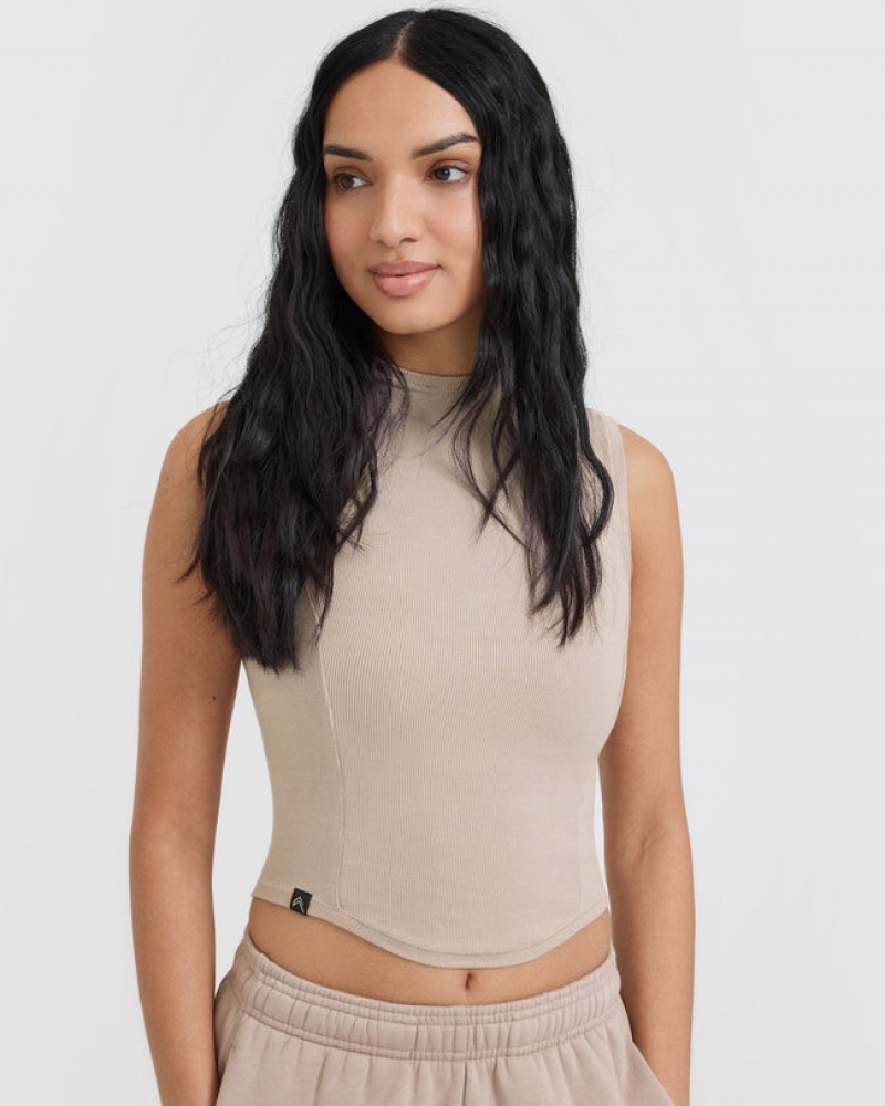 Light Brown Oner Active Mellow Rib Mid Mock Neck Tank T Shirts | 12340HZVC