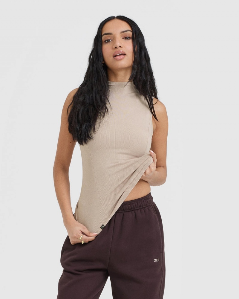 Light Brown Oner Active Mellow Rib Mock Neck Tank T Shirts | 28146TAWK