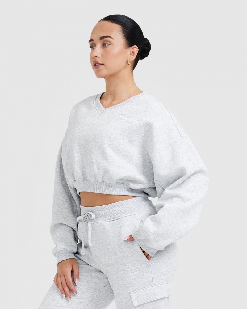 Light Grey Oner Active All Day Est 2020 Crop V-Neck Sweatshirts | 12489BFQZ