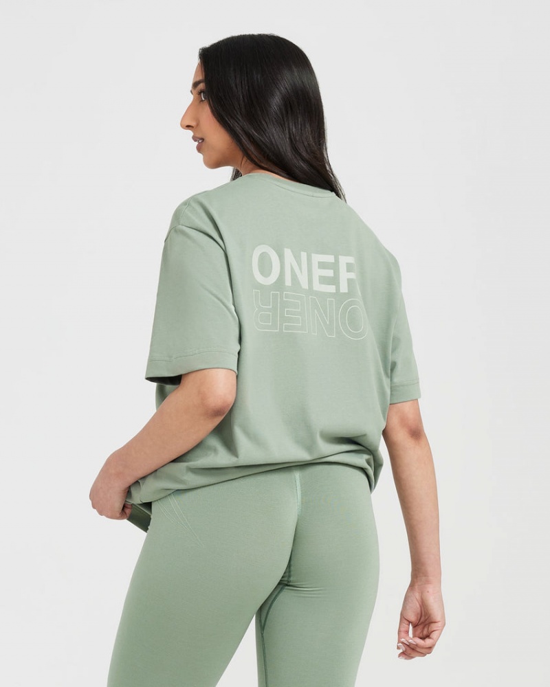 Olive Oner Active Classic Mirror Graphic Oversized T Shirts | 65904ZRCY