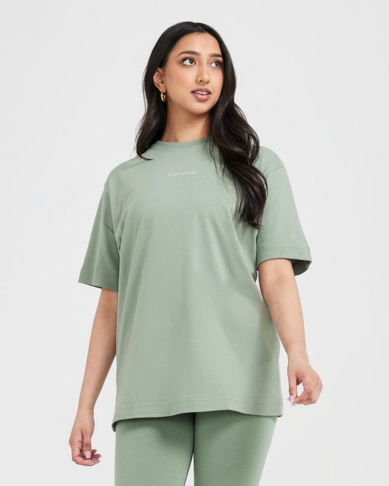 Olive Oner Active Classic Mirror Graphic Oversized T Shirts | 65904ZRCY