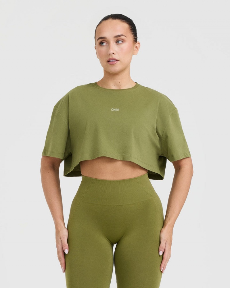 Olive / Green Oner Active Classic Oner Graphic Crop Lightweight T Shirts | 38256VEDF