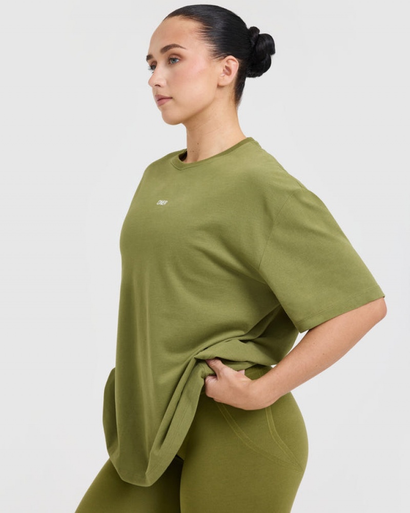 Olive / Green Oner Active Classic Oner Graphic Oversized Lightweight T Shirts | 56728DJRC