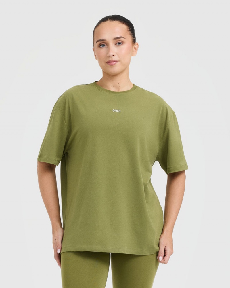 Olive / Green Oner Active Classic Oner Graphic Oversized Lightweight T Shirts | 56728DJRC