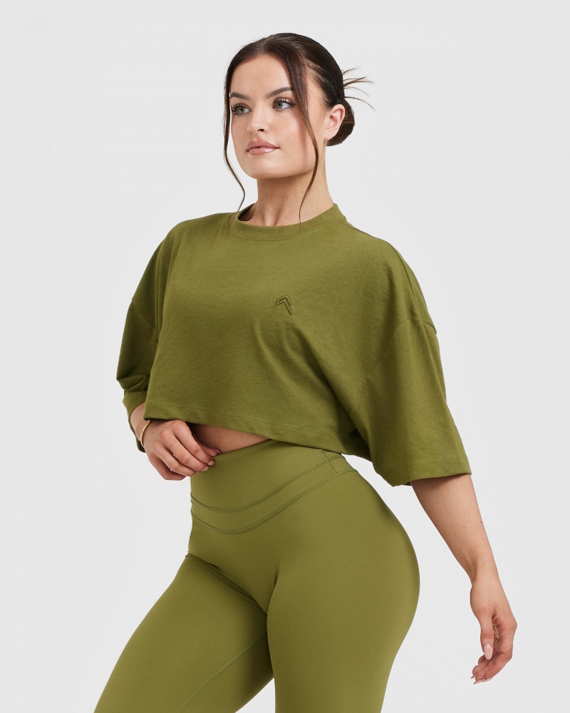 Olive / Green Oner Active Classic Relaxed Crop Lightweight T Shirts | 19835MIOA