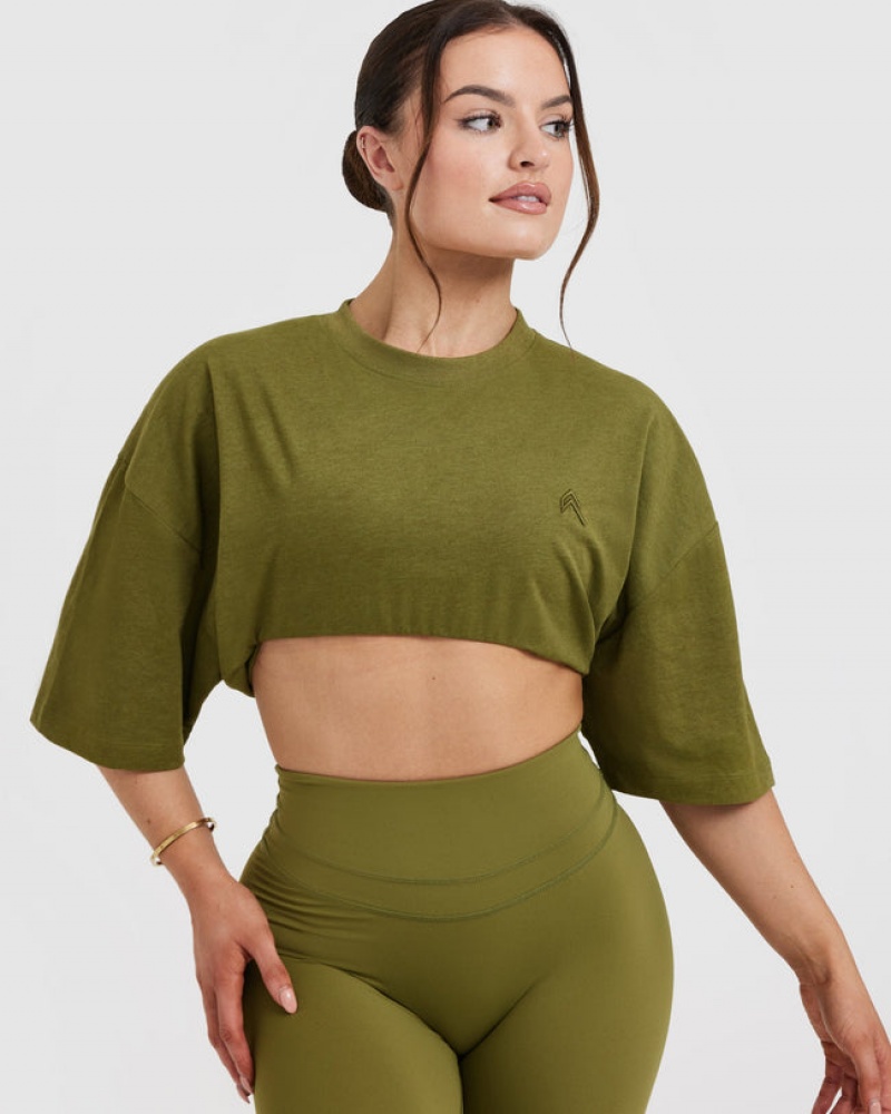 Olive / Green Oner Active Classic Relaxed Crop Lightweight T Shirts | 19835MIOA