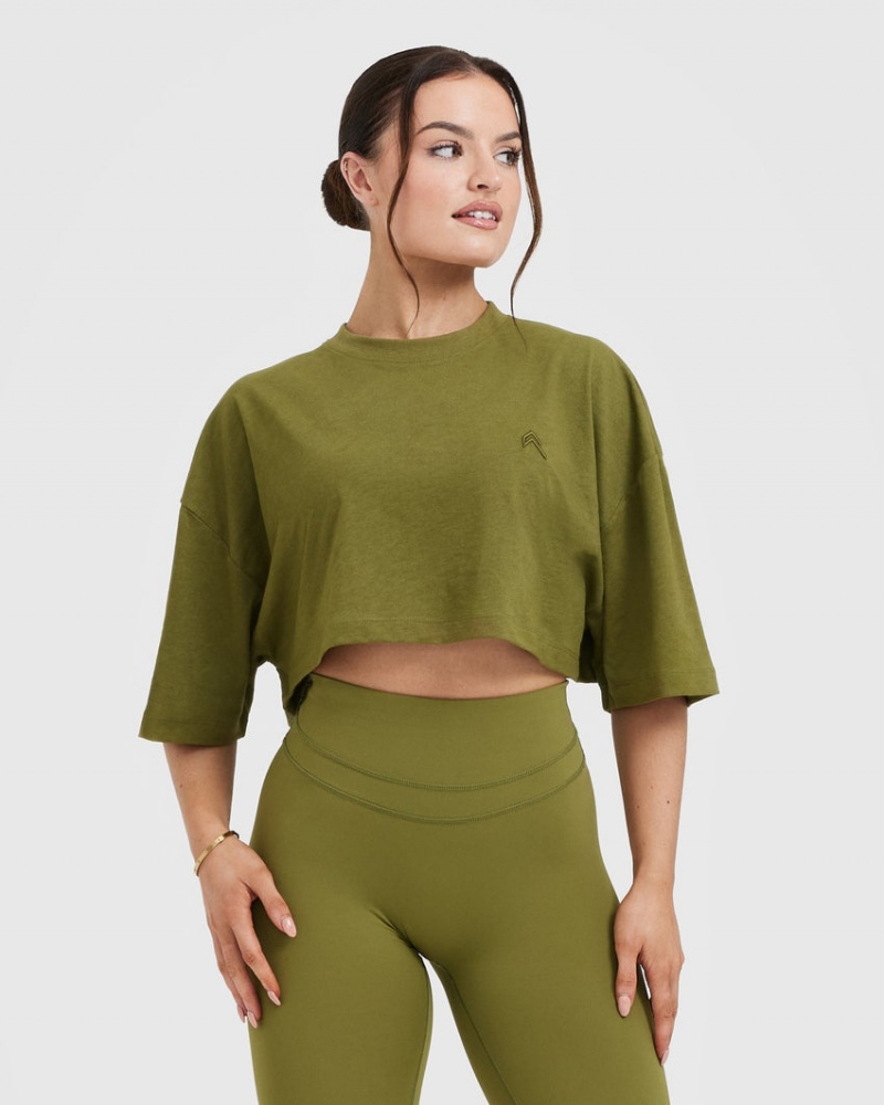 Olive / Green Oner Active Classic Relaxed Crop Lightweight T Shirts | 19835MIOA