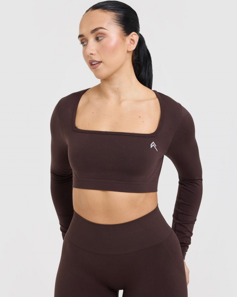 Purple / Brown Oner Active Effortless Square Neck Crop Long Sleeve T Shirts | 54260YZOG