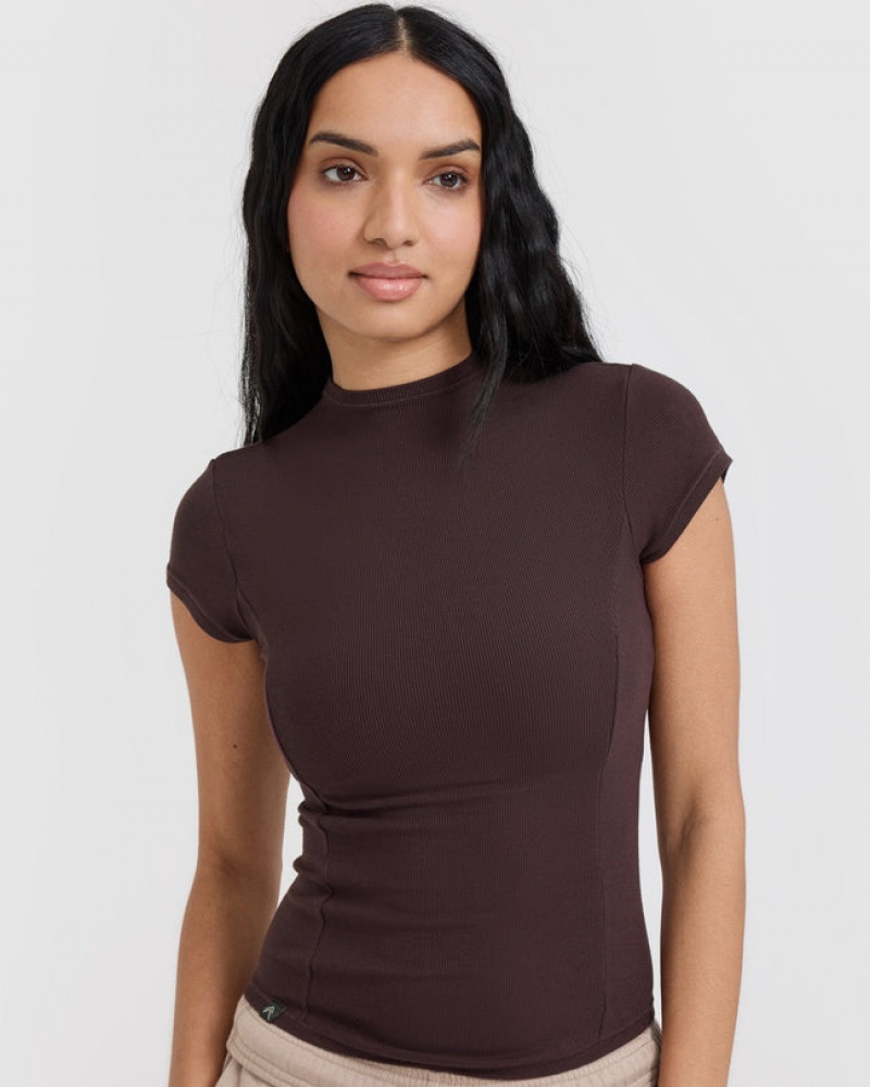 Purple / Brown Oner Active Mellow Rib Mock Neck T Shirts | 46957DVNJ