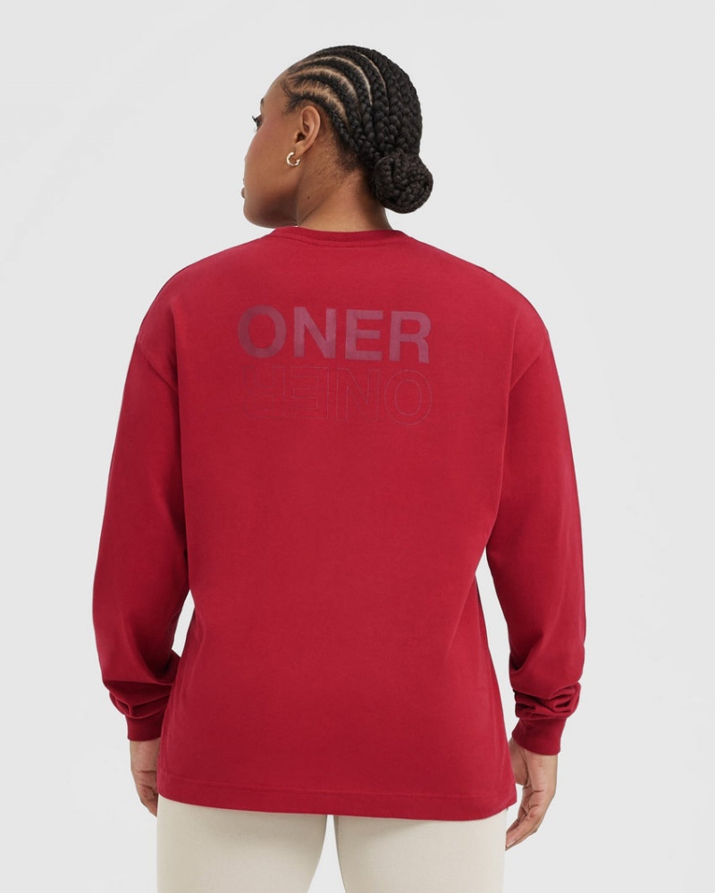 Red / Burgundy Oner Active Classic Mirror Graphic Oversized Long Sleeve T Shirts | 09254DSGL