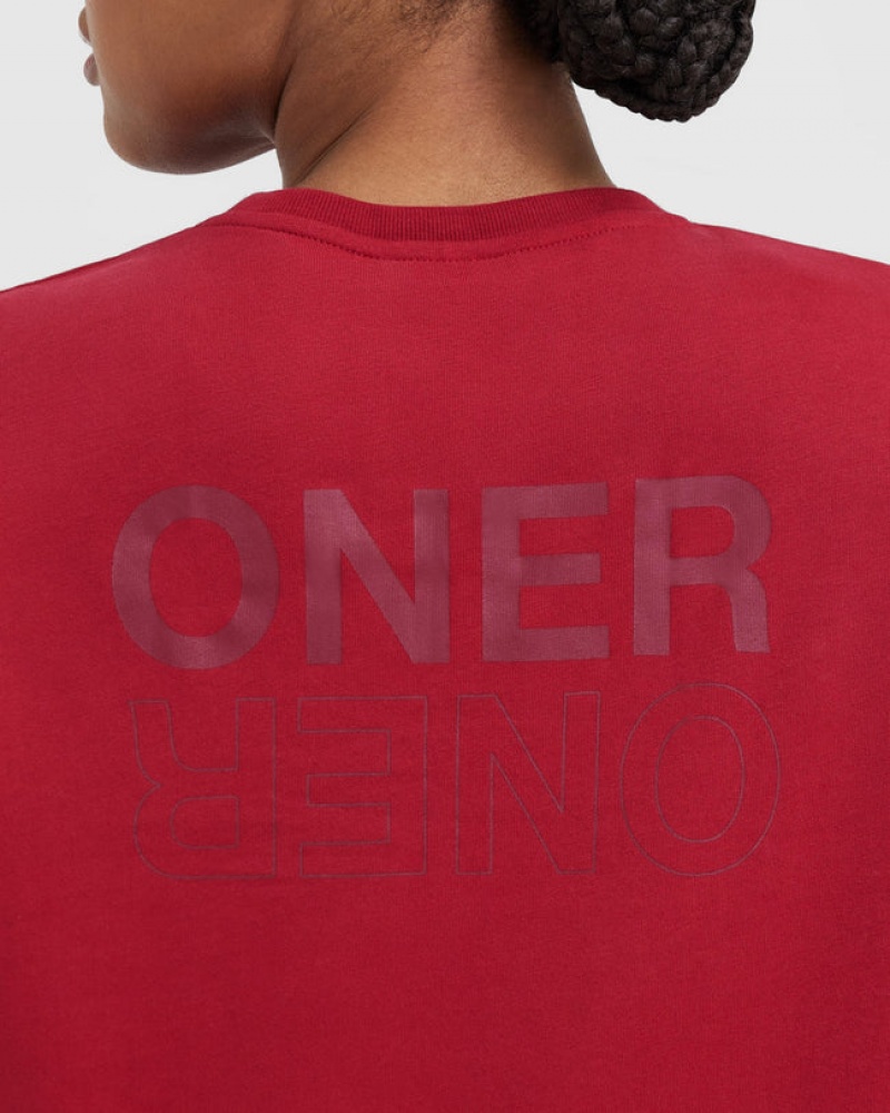 Red / Burgundy Oner Active Classic Mirror Graphic Oversized Long Sleeve T Shirts | 09254DSGL