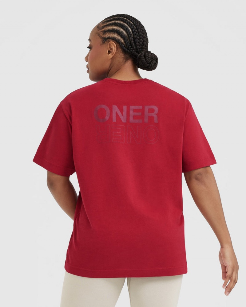 Red / Burgundy Oner Active Classic Mirror Graphic Oversized T Shirts | 96427WUNP