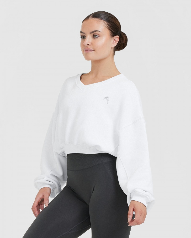 White Oner Active All Day Lightweight Oversized V-Neck Sweatshirts | 71345PUKD