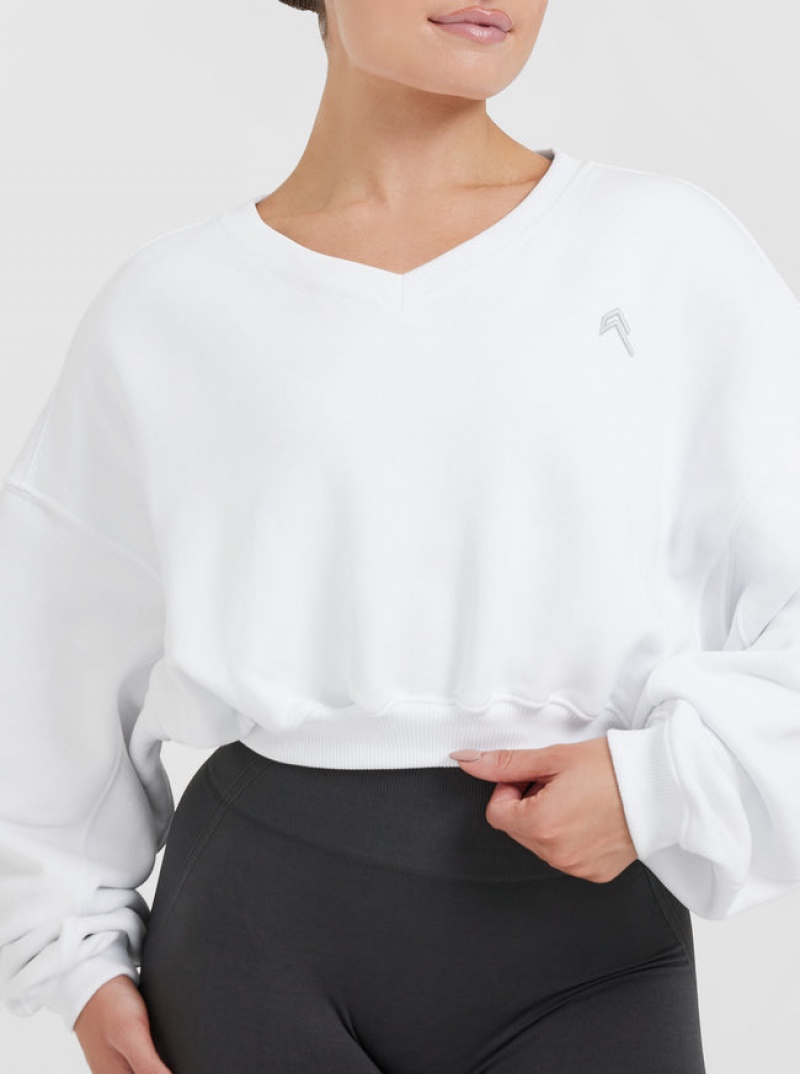 White Oner Active All Day Lightweight Oversized V-Neck Sweatshirts | 71345PUKD