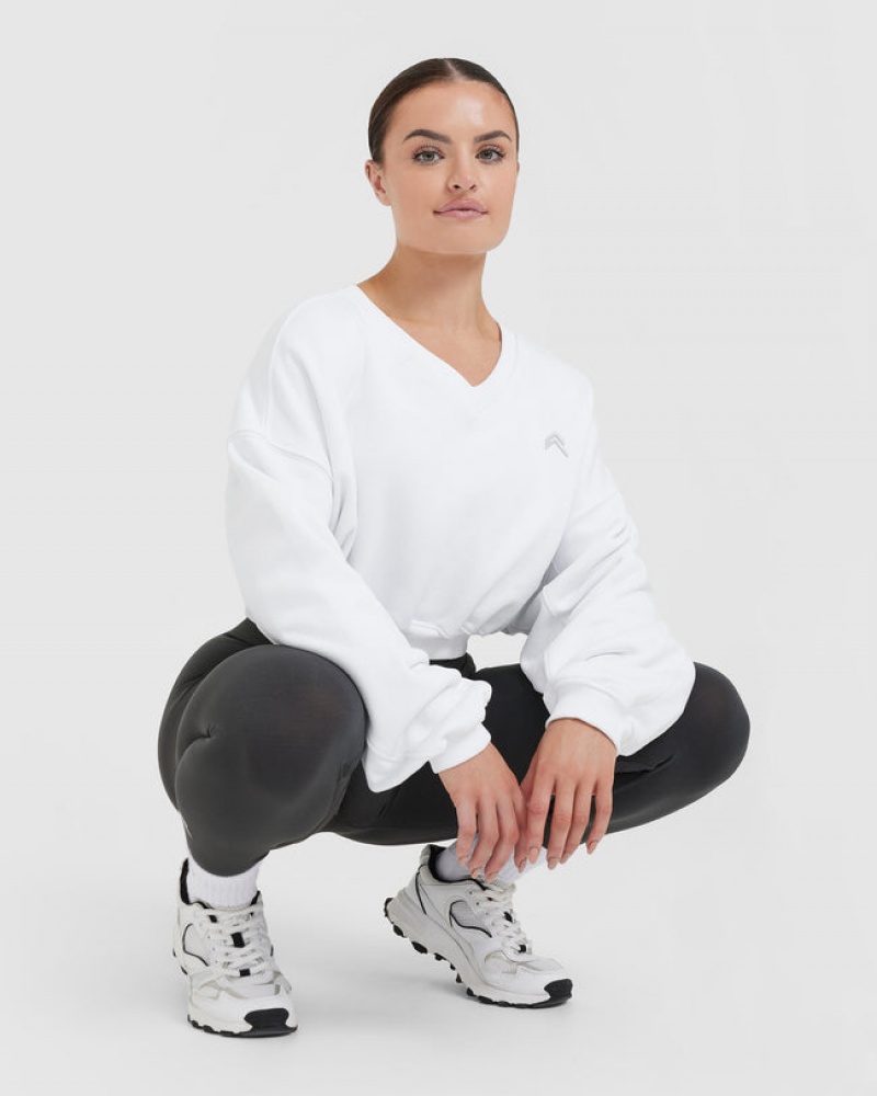 White Oner Active All Day Lightweight Oversized V-Neck Sweatshirts | 71345PUKD