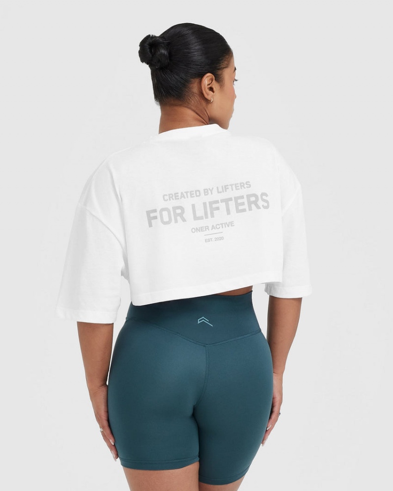 White Oner Active Classic Lifters Graphic Relaxed Crop Lightweight T Shirts | 75263TJWZ