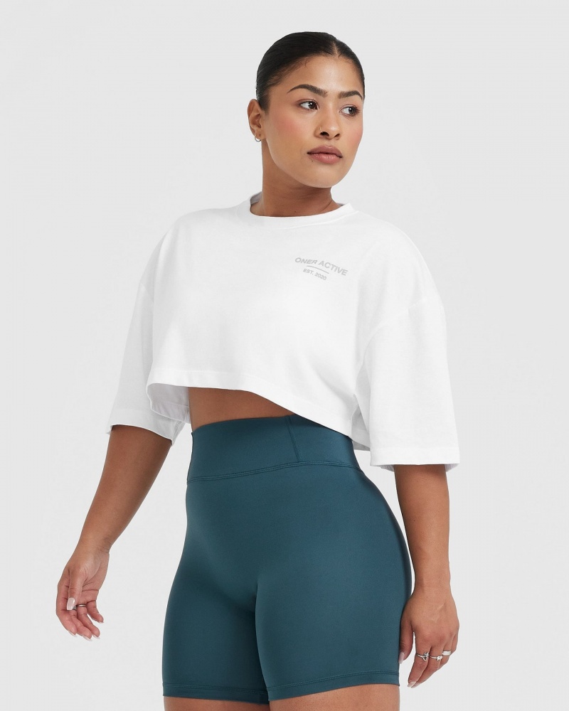 White Oner Active Classic Lifters Graphic Relaxed Crop Lightweight T Shirts | 75263TJWZ