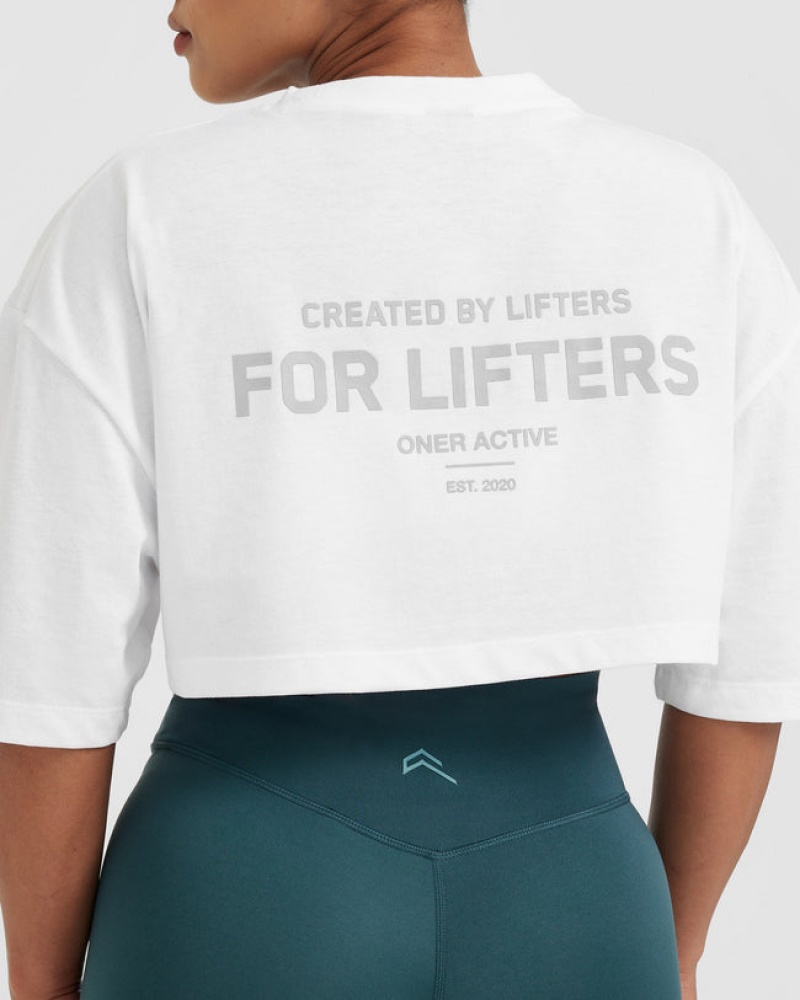 White Oner Active Classic Lifters Graphic Relaxed Crop Lightweight T Shirts | 75263TJWZ