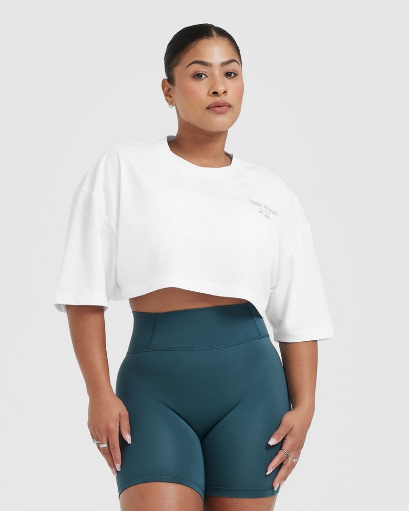 White Oner Active Classic Lifters Graphic Relaxed Crop Lightweight T Shirts | 75263TJWZ