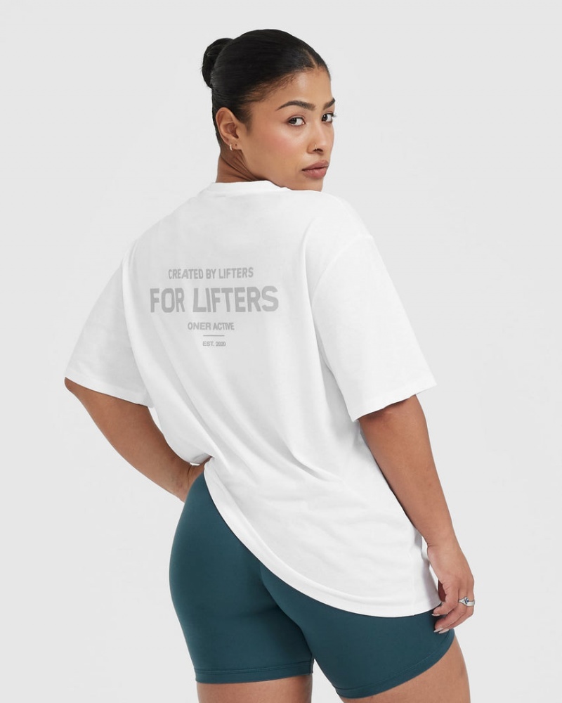 White Oner Active Classic Lifters Graphic Oversized Lightweight T Shirts | 45078VGZI