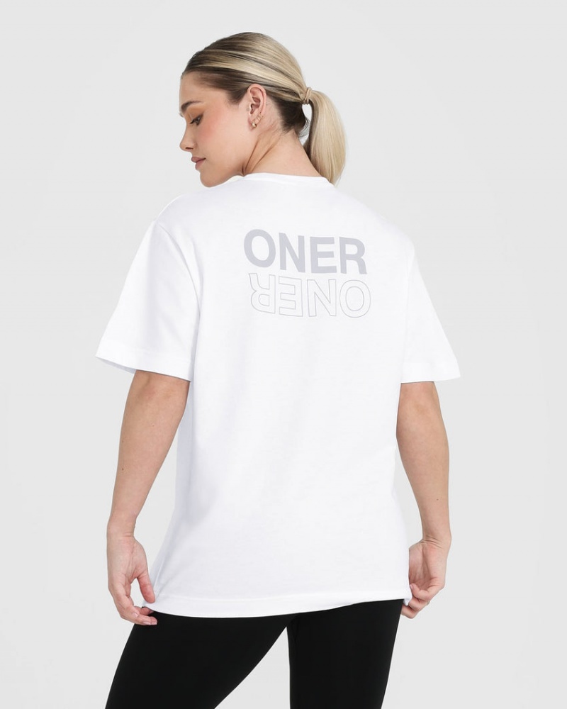 White Oner Active Classic Mirror Graphic Oversized T Shirts | 38671XKZY