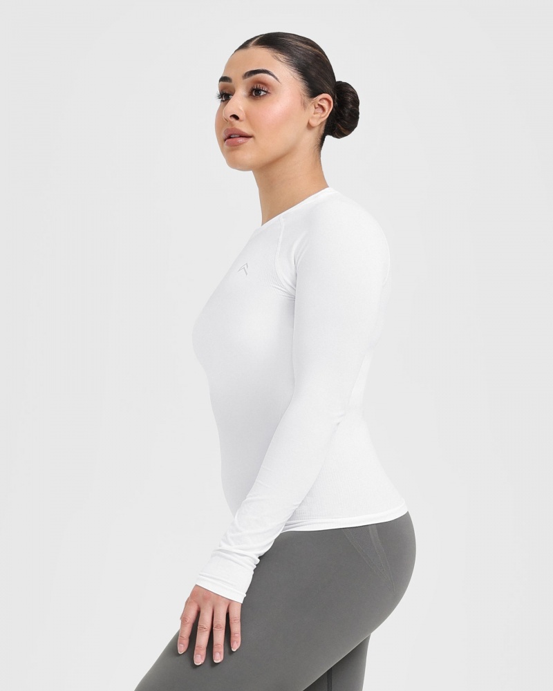 White Oner Active Go To Seamless Fitted Long Sleeve T Shirts | 31468BXFD